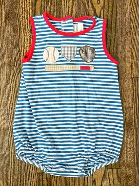 Jellybean Blue & White Striped Baseball Appliqué Romper with Red Trim